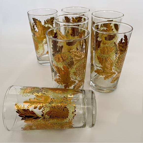 Bartlett Collins Pokee' 22kt Gold Chrysanthemum MCM Glass Set of 7 Tumblers - Picture 1 of 2